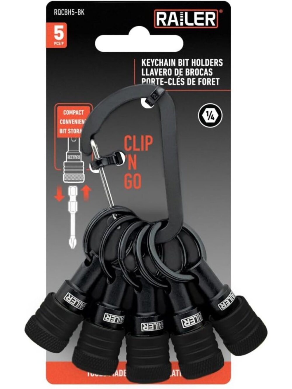 5-Pack 1/4" Hex Bit Holder Keychain with Quick Release & Carabiner - Tool